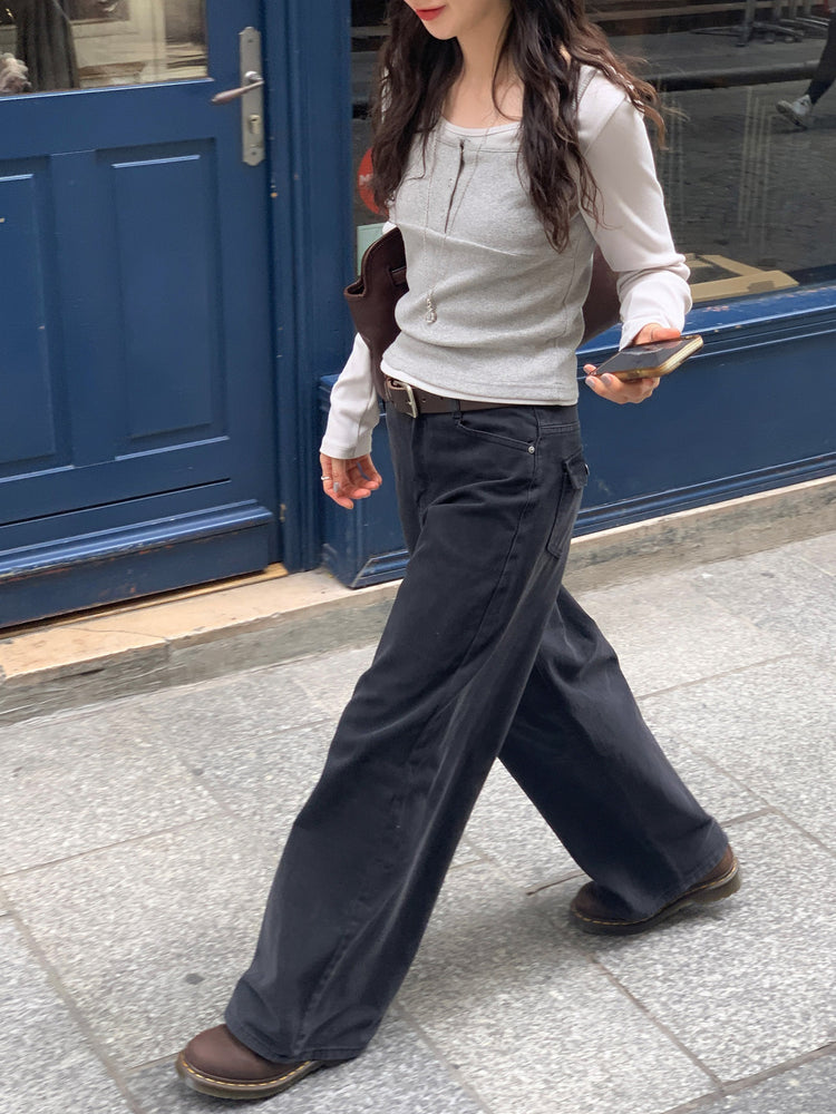 美色背口袋細節直褲