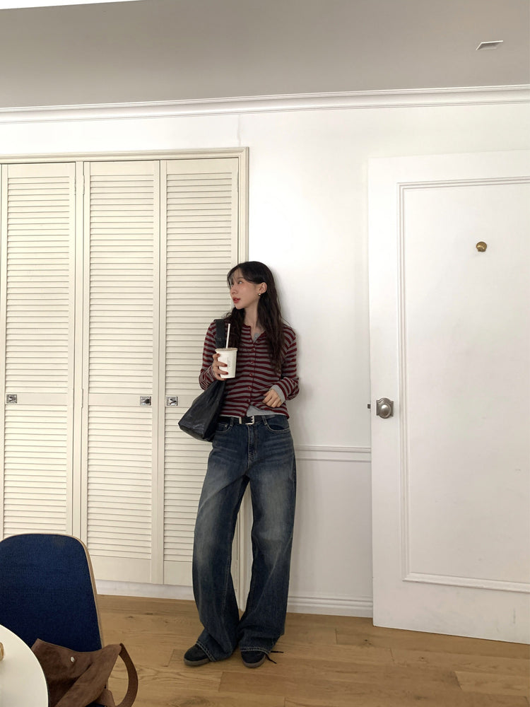 撞色條紋排鈕針織外套