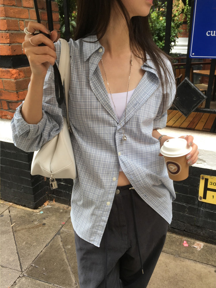 Unisex美色格紋寬鬆襯衫