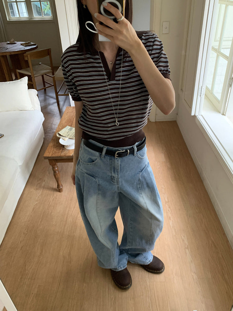 翻領條紋修腰細節上衣