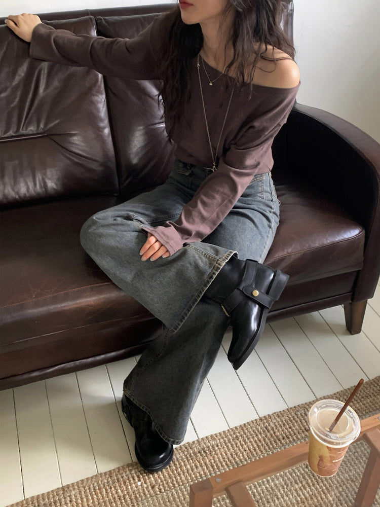 美色基礎斜肩休閒上衣