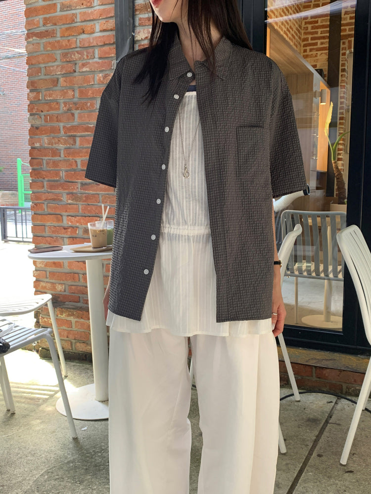 泡泡格紋翻領短袖襯衫