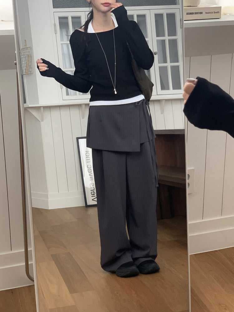 交疊裙擺綁帶細節直褲