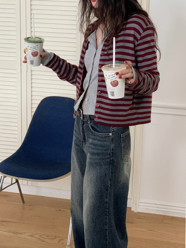 撞色條紋排鈕針織外套