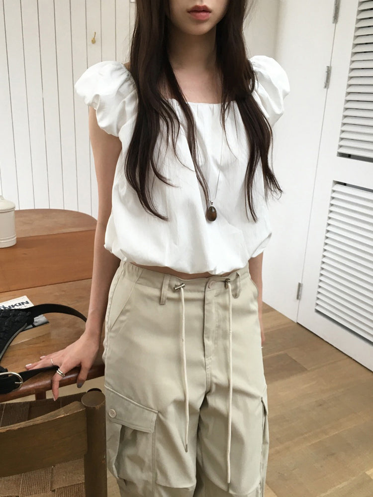 泡泡袖美背系帶上衣