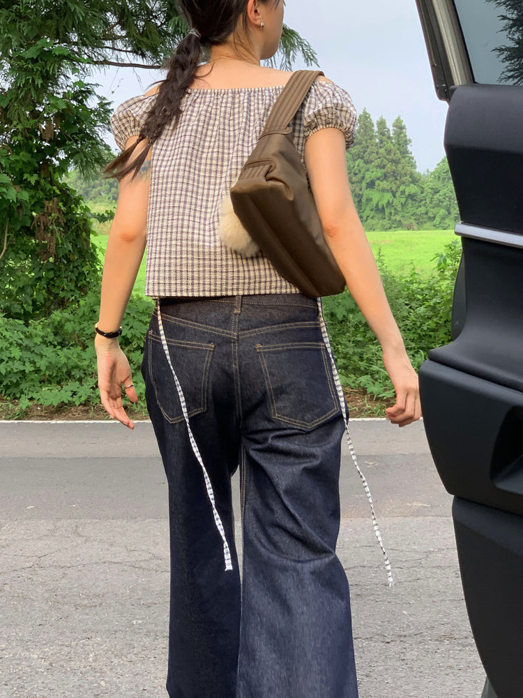 皺皺格紋綁帶細節上衣