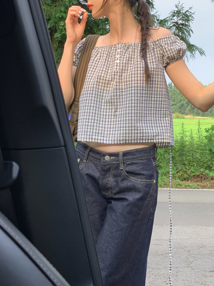 皺皺格紋綁帶細節上衣