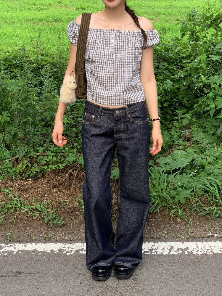 皺皺格紋綁帶細節上衣