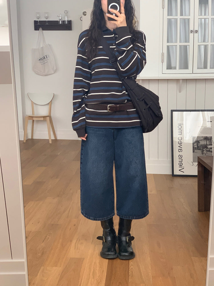 翻領撞色條紋寬鬆上衣