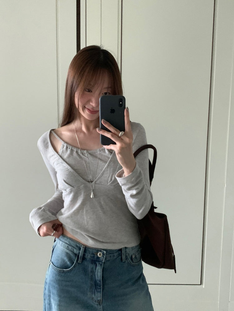 美鎖骨掛脖假兩件式上衣