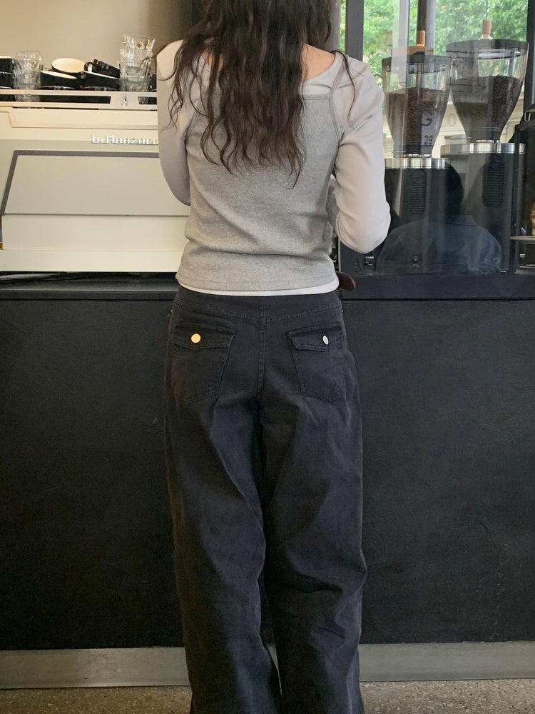 美色背口袋細節直褲