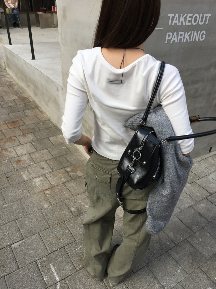 基礎後標籤細節七分袖上衣