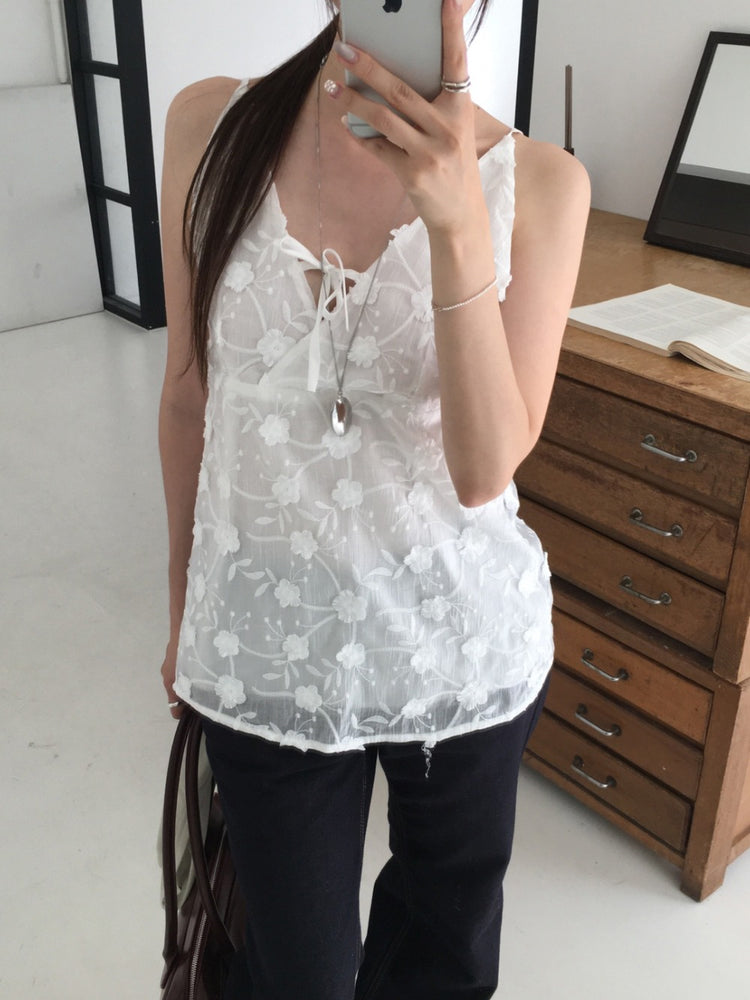 微透立體花綁帶細節上衣