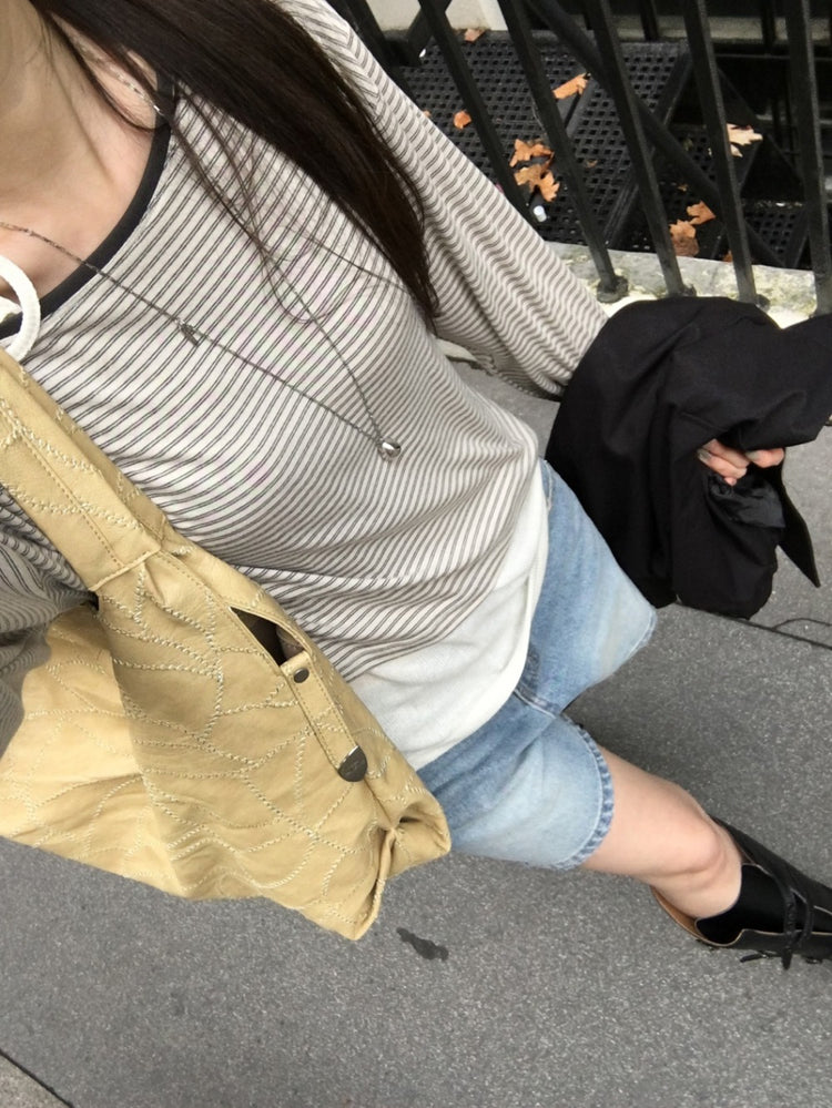 撞色條紋美肩寬鬆上衣