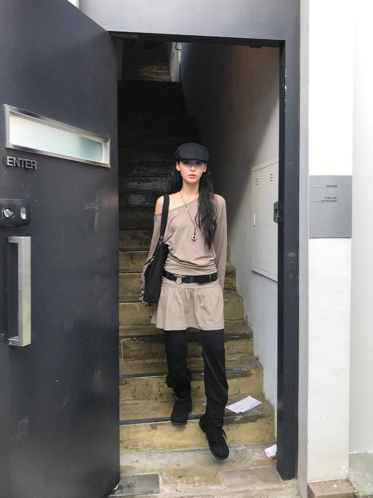 鉚釘扣細節美肩抓皺修腰連身裙