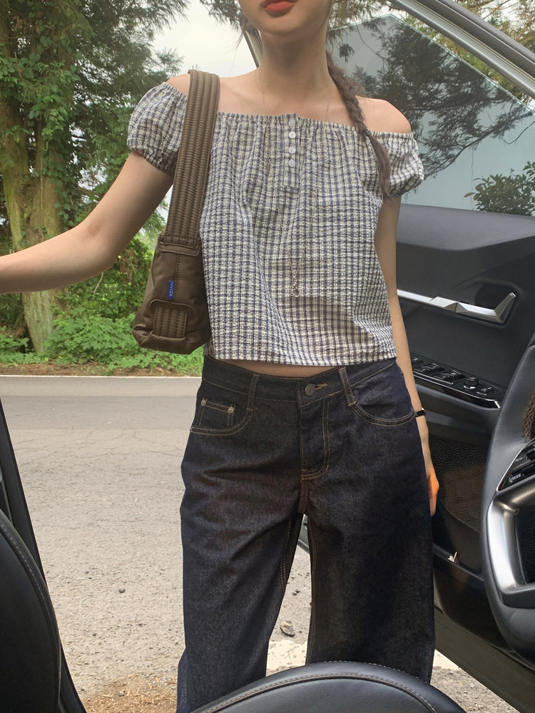 皺皺格紋綁帶細節上衣
