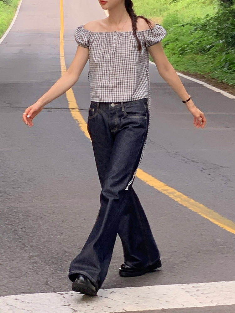 皺皺格紋綁帶細節上衣
