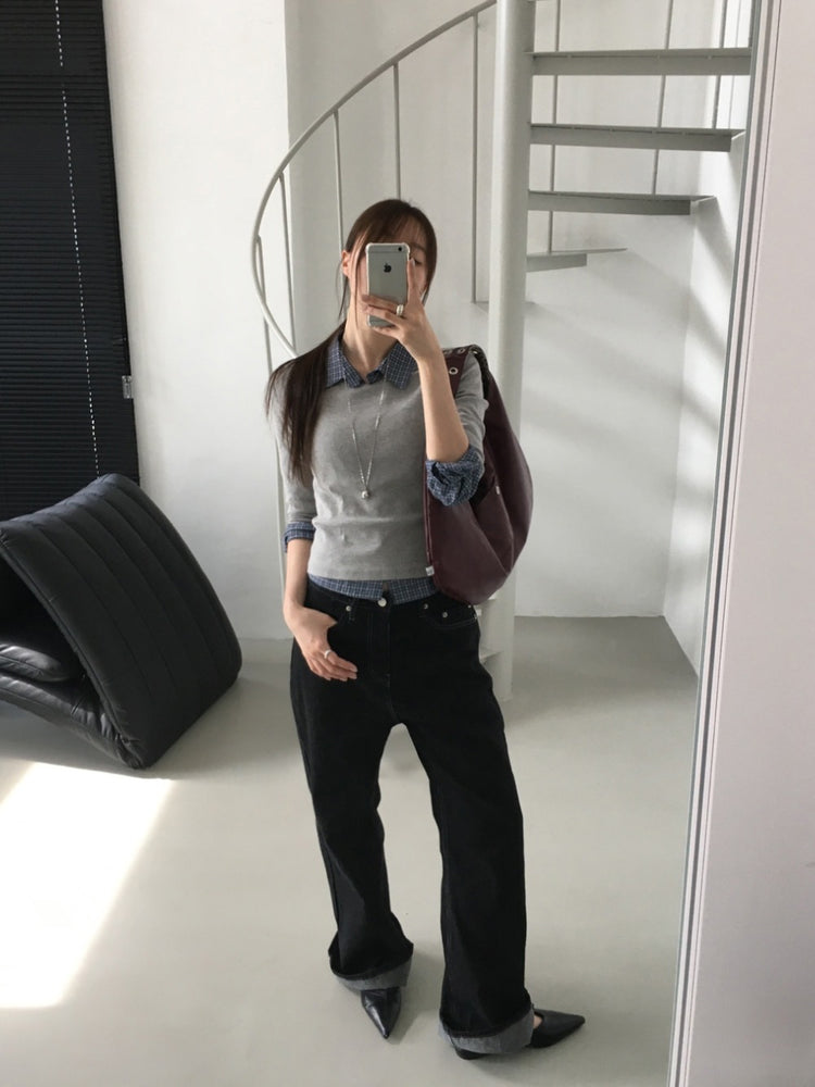 翻領格紋修腰細節襯衫