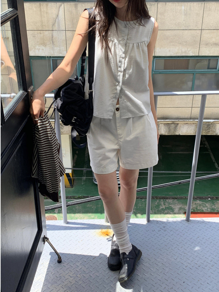 泡泡格紋紋理寬鬆排鈕背心