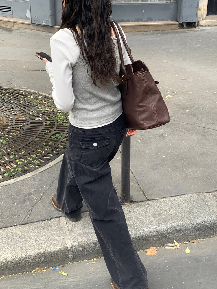 美色背口袋細節直褲