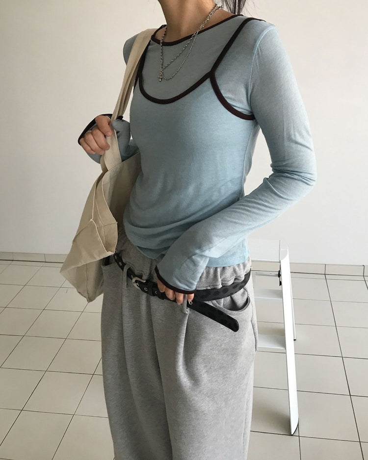 透膚撞色邊細節上衣