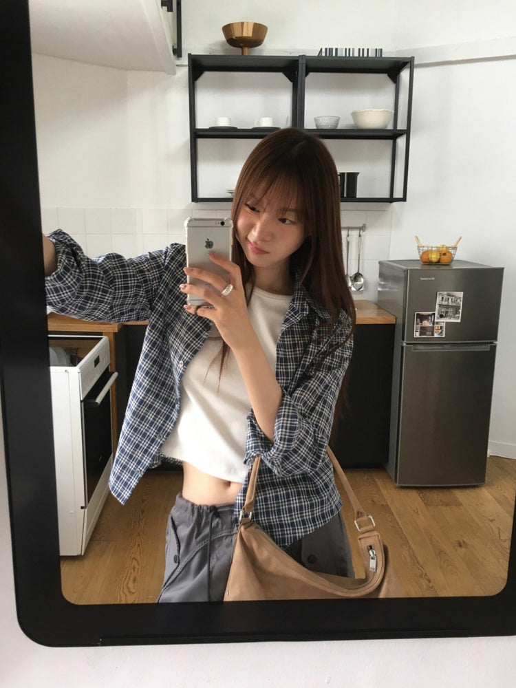 撞色格紋合身襯衫