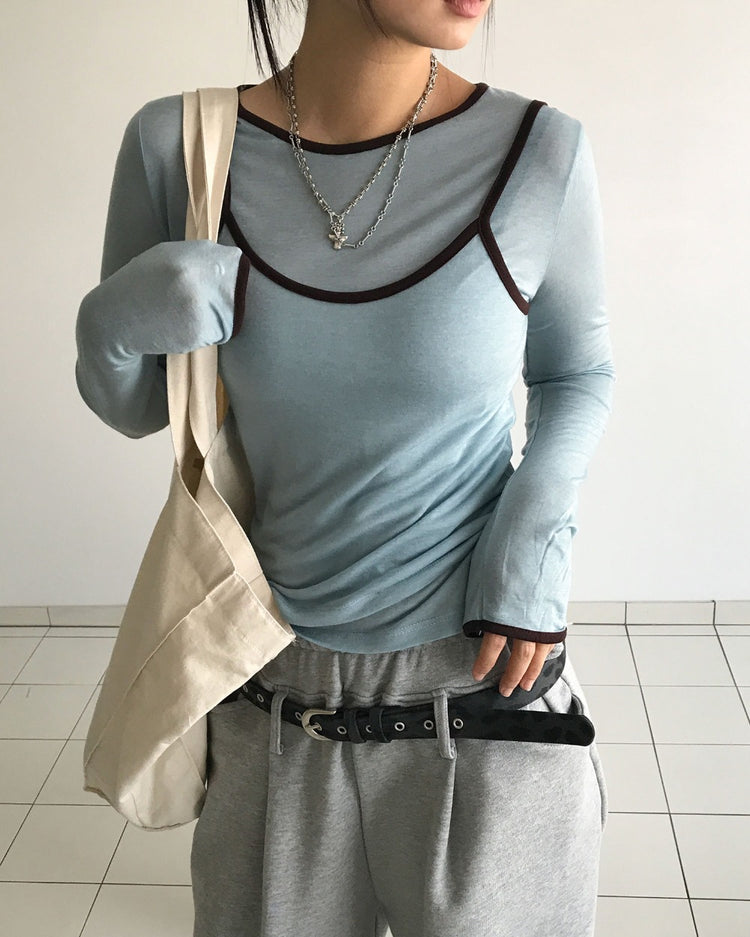 透膚撞色邊細節上衣