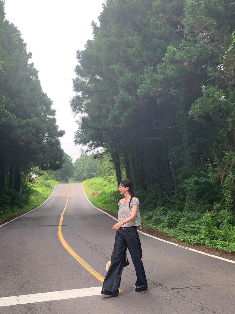 皺皺格紋綁帶細節上衣