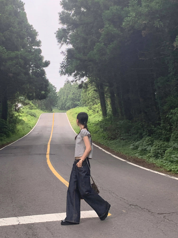 皺皺格紋綁帶細節上衣
