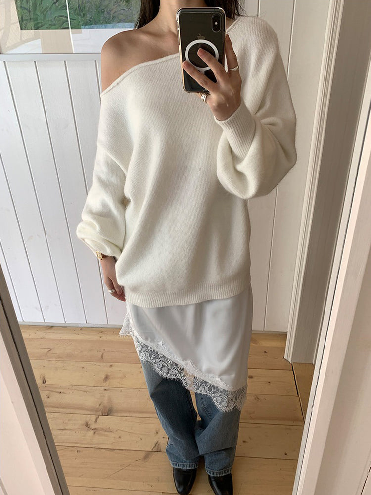 美色斜肩寬鬆束口毛衣