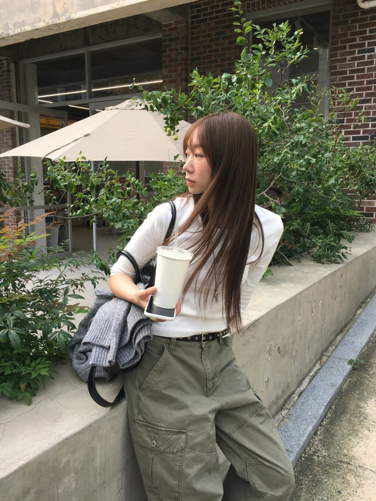 基礎後標籤細節七分袖上衣