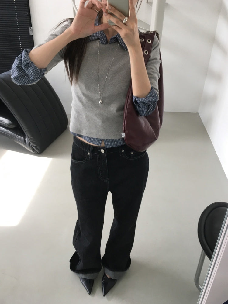 翻領格紋修腰細節襯衫
