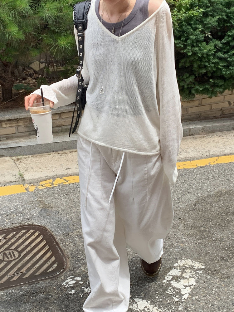 微透V領寬鬆針織衫