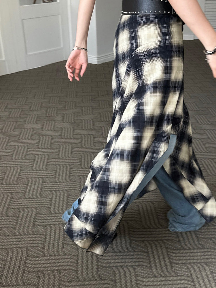 格紋不對稱下擺連身裙