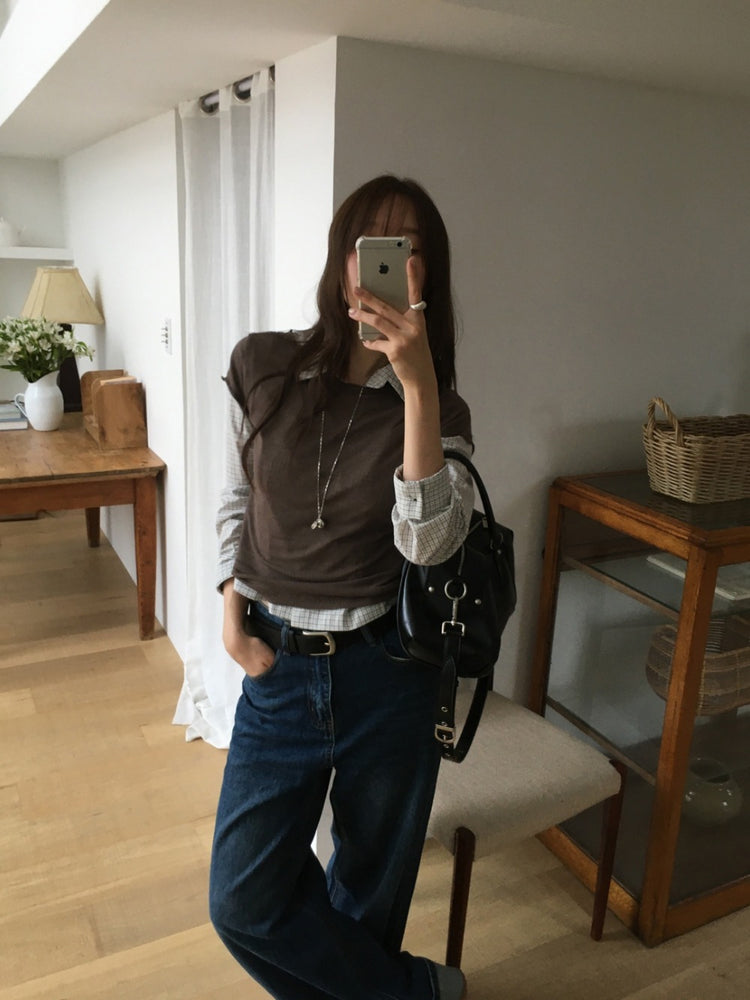 翻領格紋修腰細節襯衫