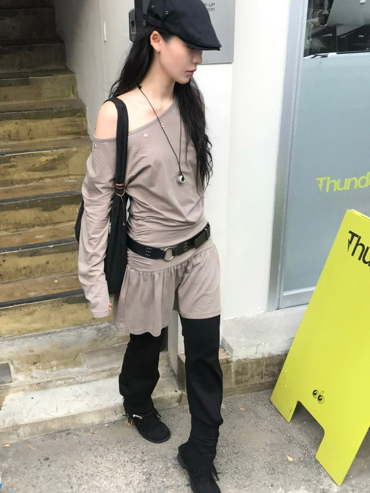 鉚釘扣細節美肩抓皺修腰連身裙