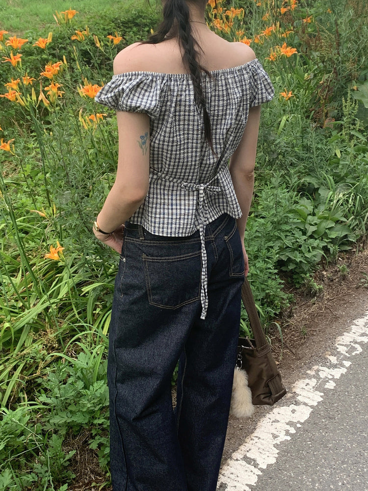 皺皺格紋綁帶細節上衣