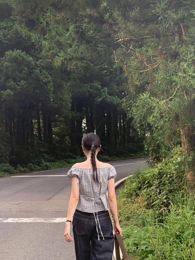 皺皺格紋綁帶細節上衣