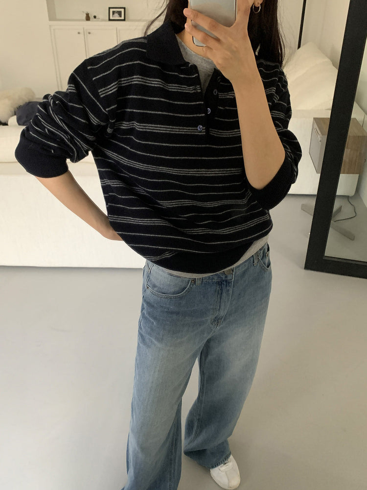 翻領撞色條紋針織衫