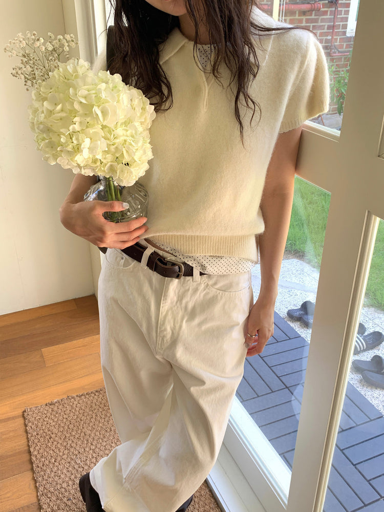 翻領扣鈕泡泡袖細節針織上衣