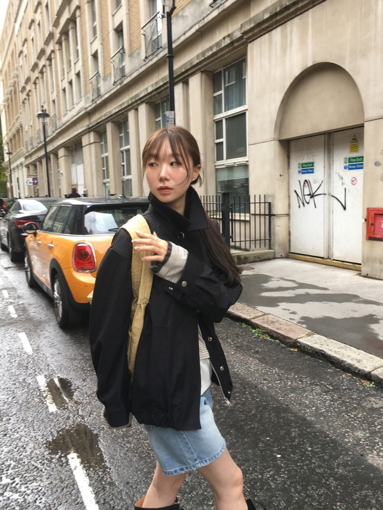 撞色條紋美肩寬鬆上衣