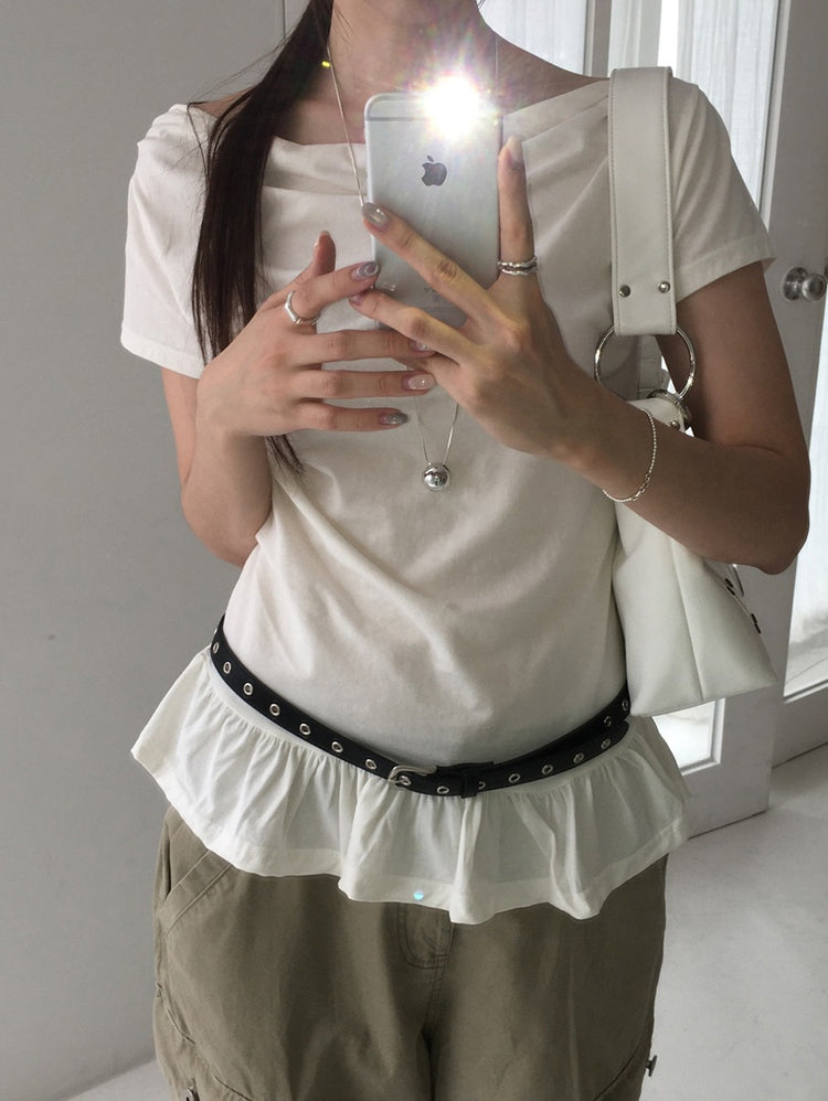 側露肩荷葉邊下擺上衣