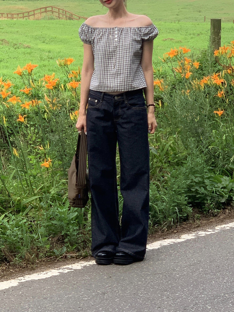 皺皺格紋綁帶細節上衣