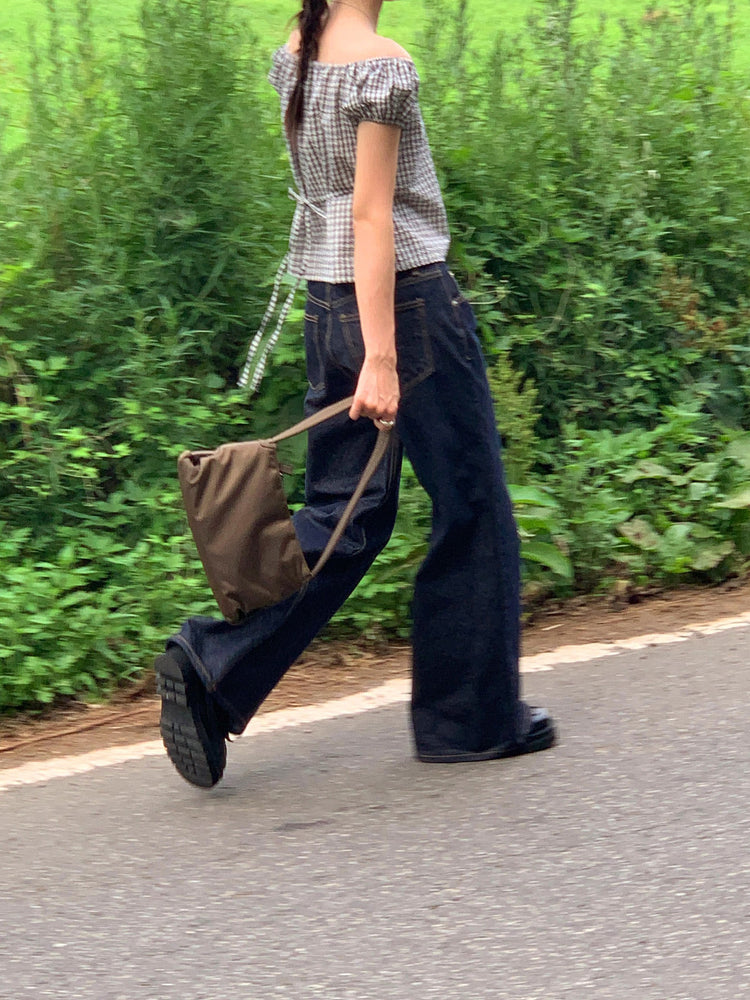 皺皺格紋綁帶細節上衣