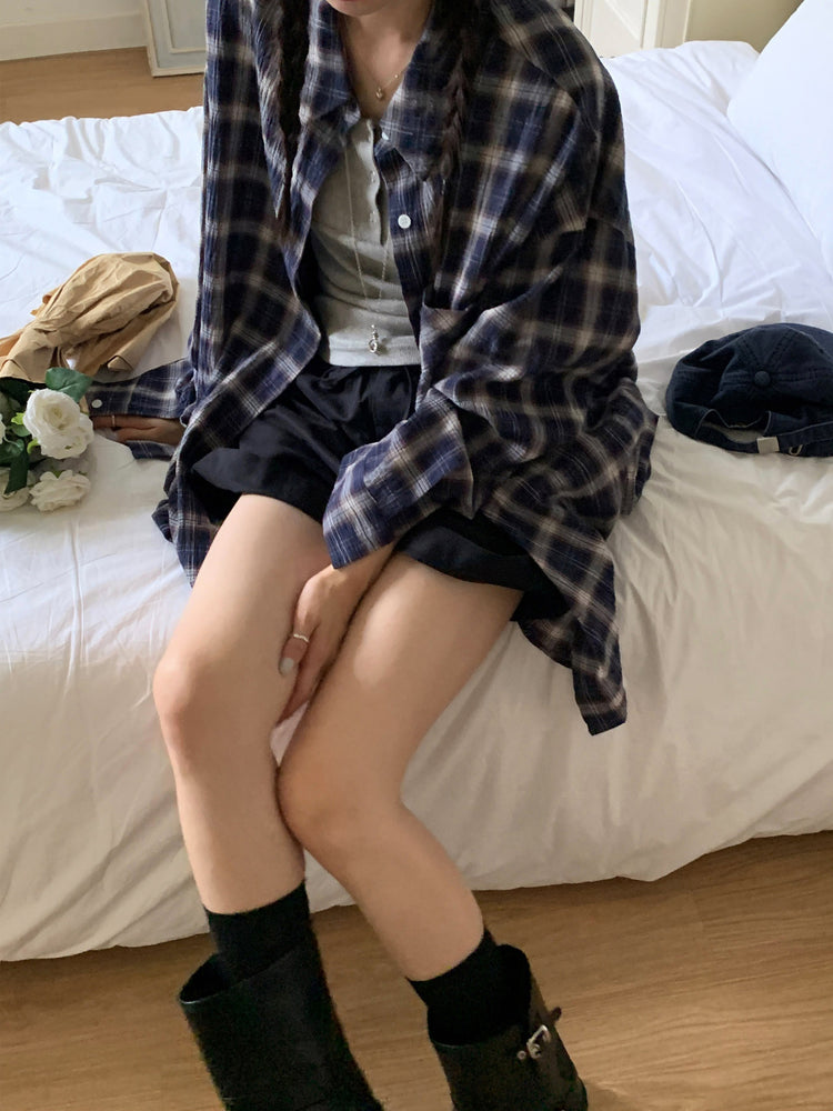 輕薄格紋寬鬆襯衫