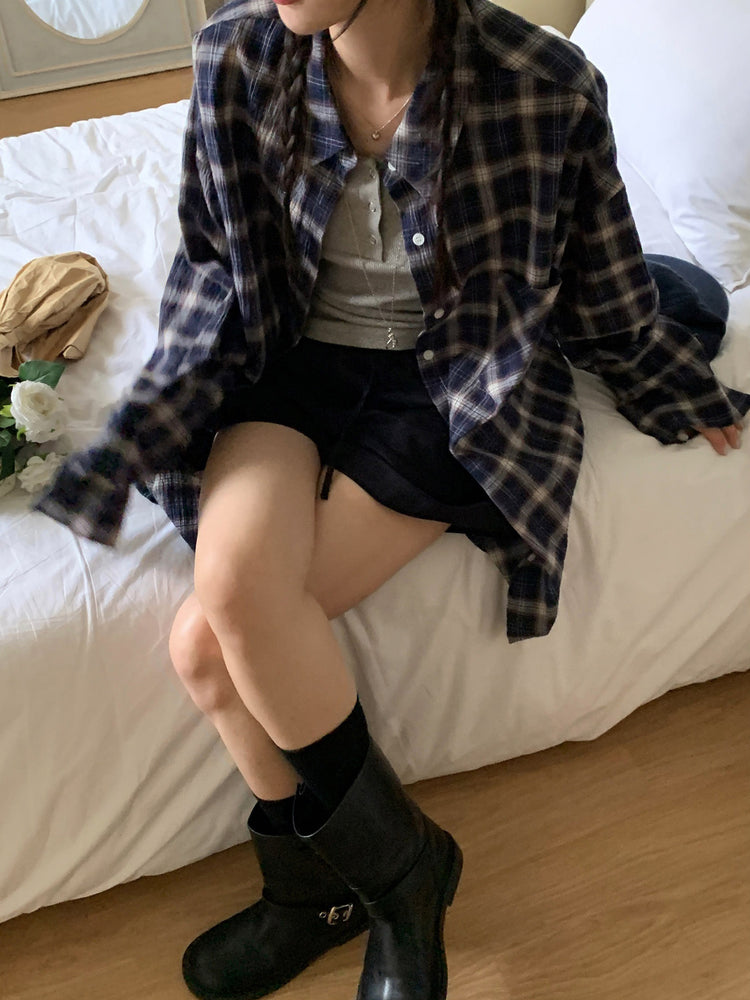 輕薄格紋寬鬆襯衫