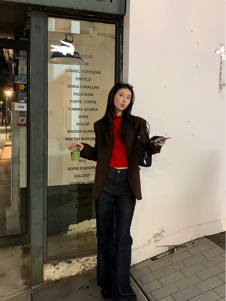 卷邊立領修身針織上衣
