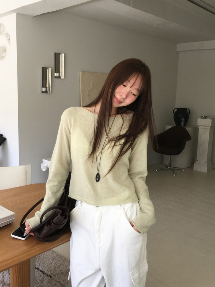 美色船領卷邊細節針織上衣