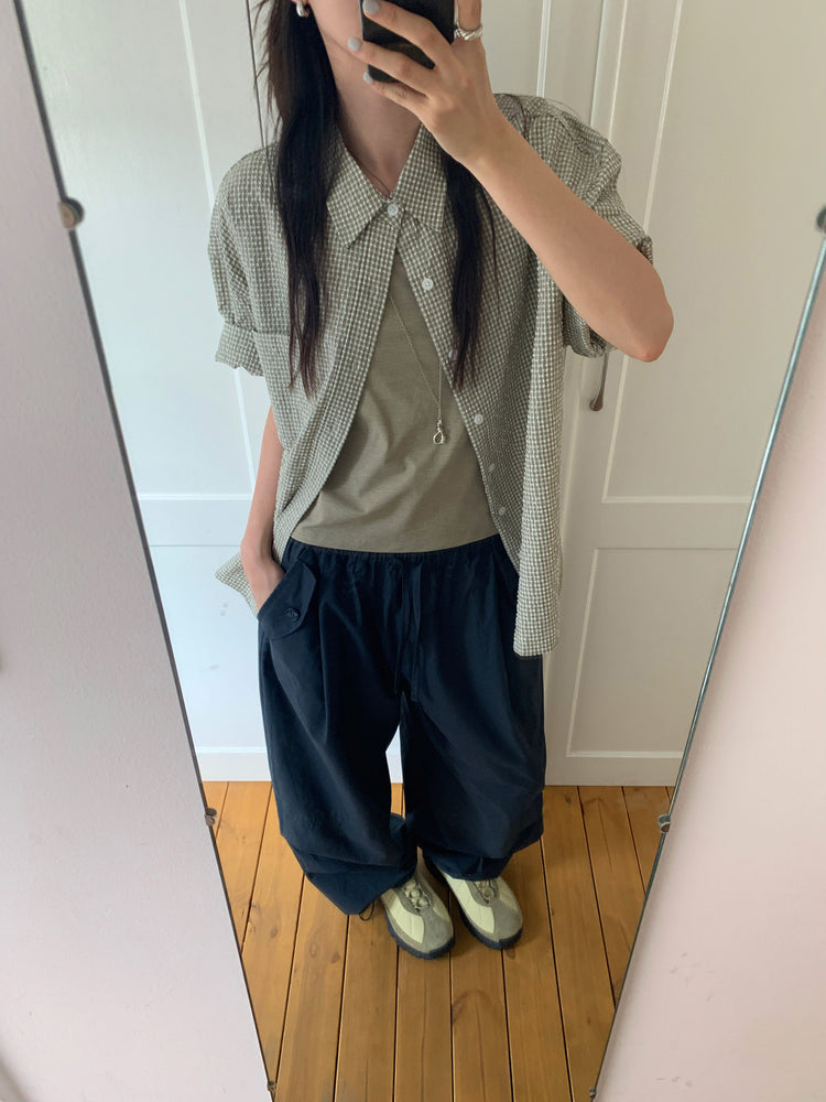 泡泡格紋翻領短袖襯衫
