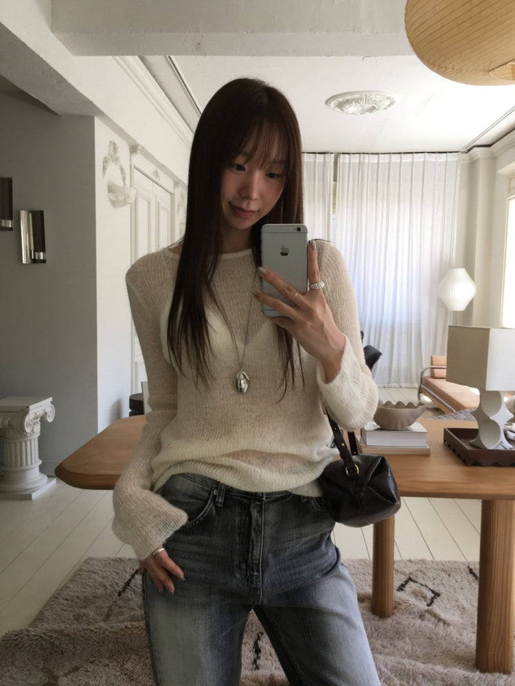微透膚美色修身針織上衣
